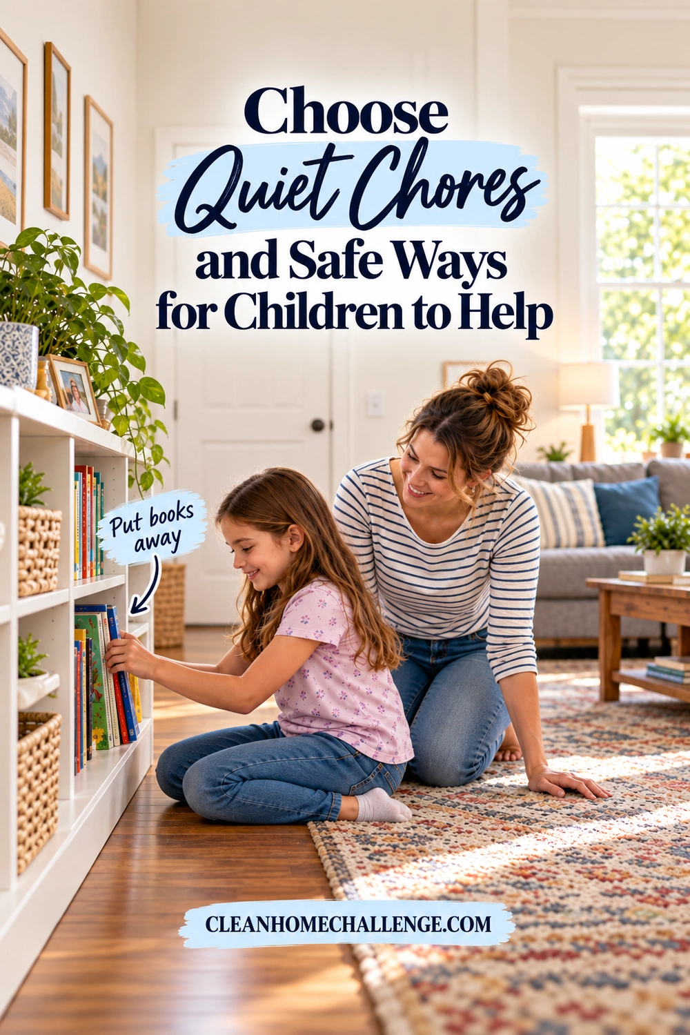 A mother teaches a girl to return books to a low bookshelf in a family living room.