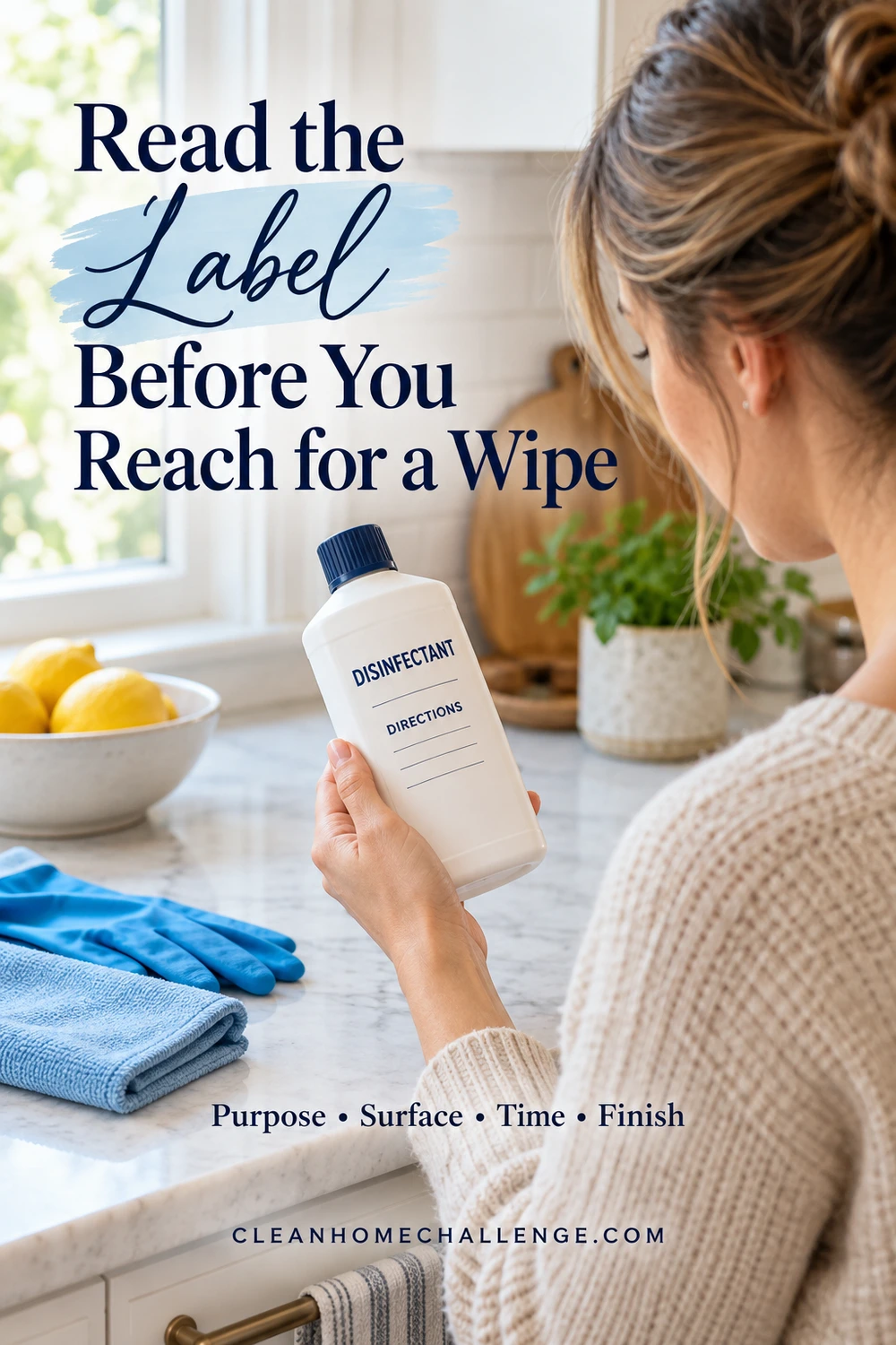 An adult reads a closed bottle labeled Disinfectant and Directions beside folded cloths and unused blue gloves, with a four-part label-reading reminder.
