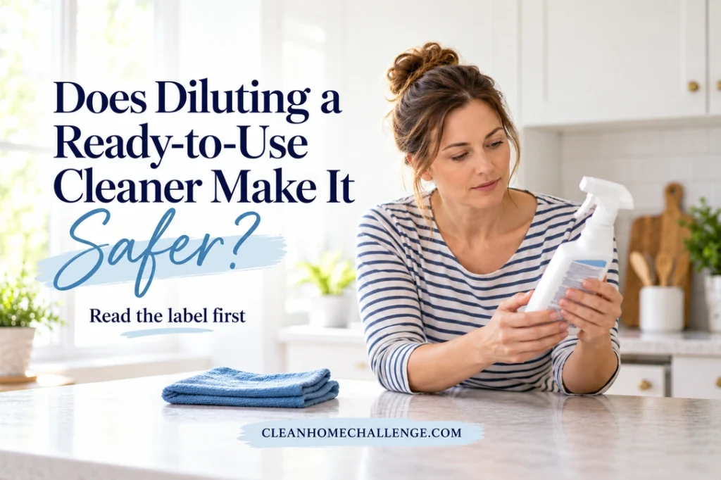Woman in a striped shirt reading the back of a closed cleaner bottle beside folded blue cloths.