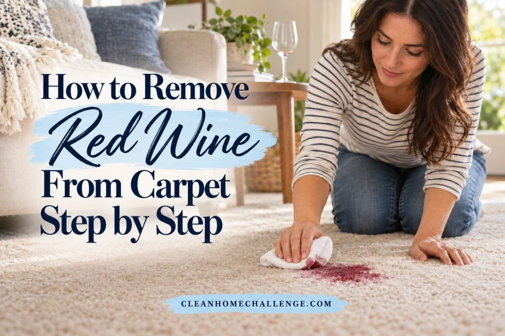 A woman in a striped shirt blots red wine on a pale living-room carpet, with the article title integrated on the left.