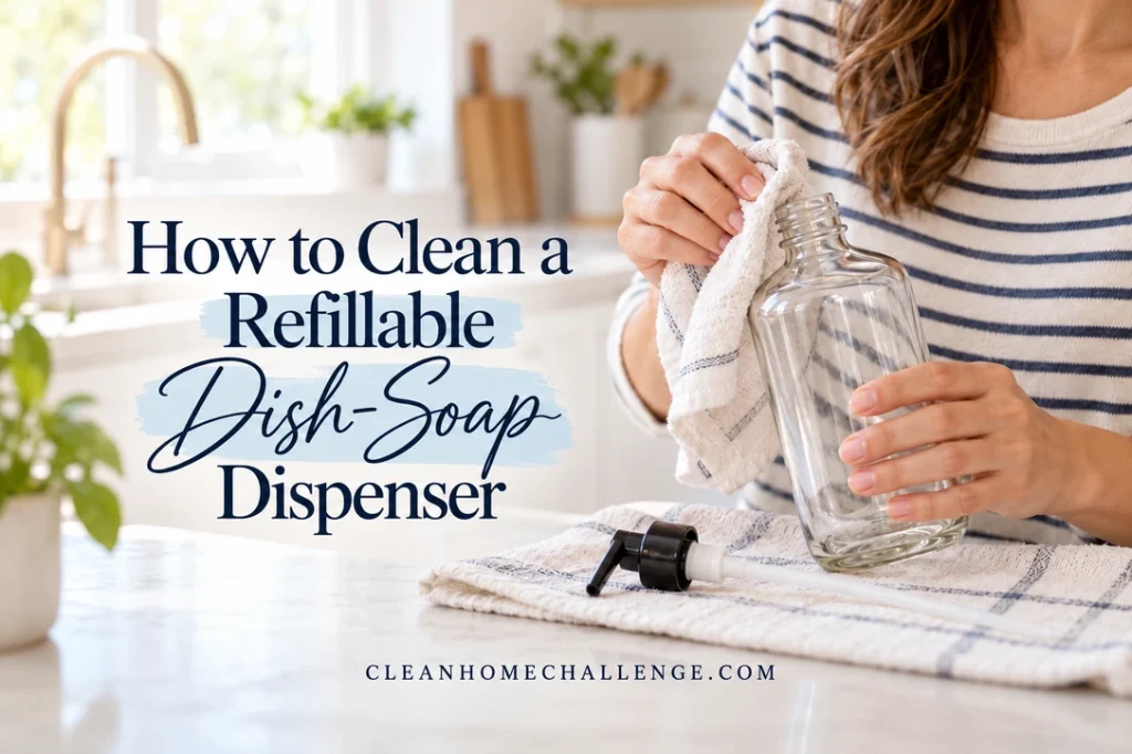 Hands wipe the threaded neck of an empty glass dish-soap bottle beside a detached black manual pump on a towel.