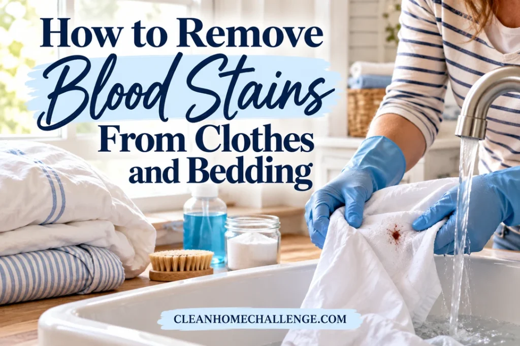Gloved hands hold a white shirt at a laundry sink beside folded bedding.