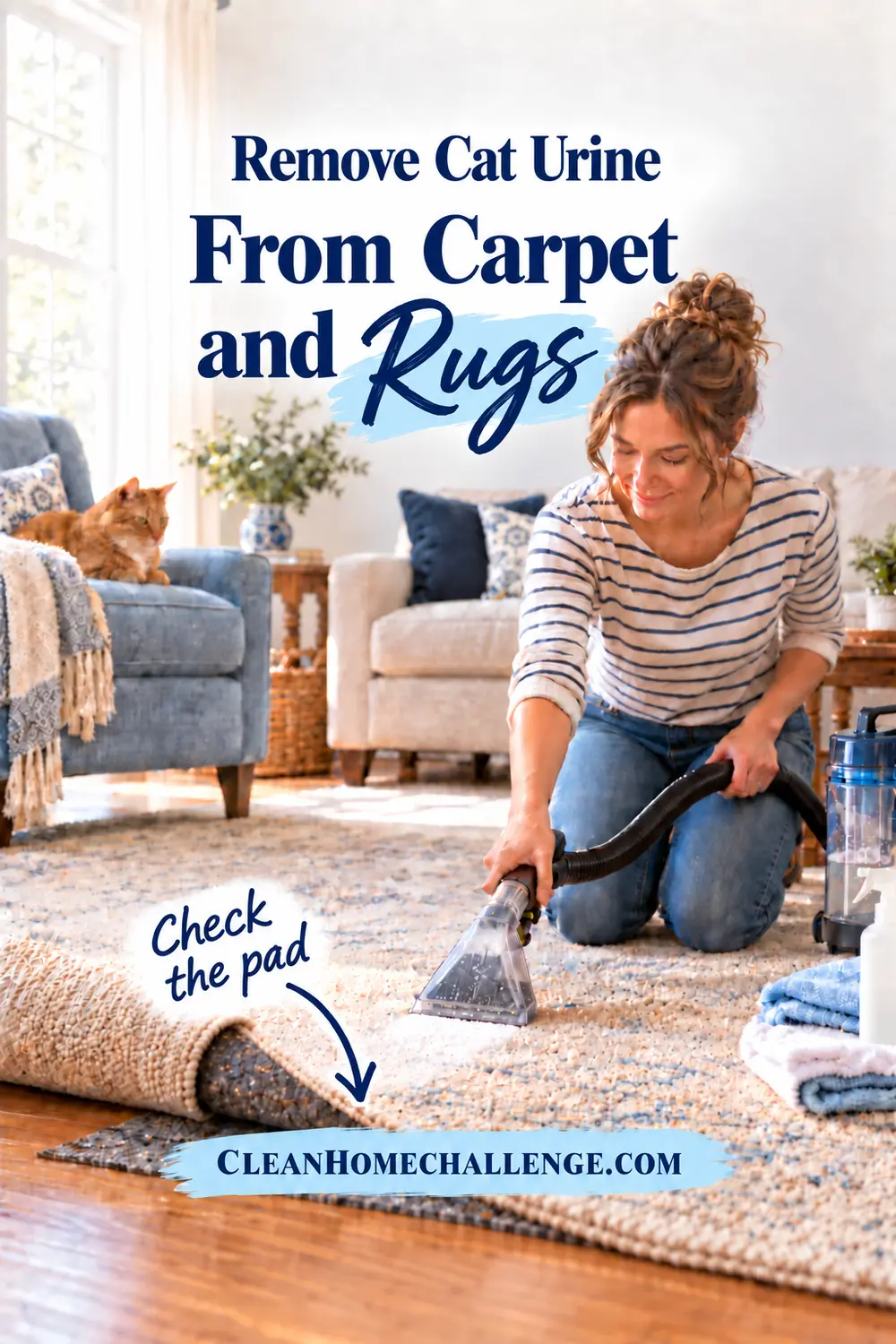 Woman extracting cool rinse water from a rug while checking the carpet pad