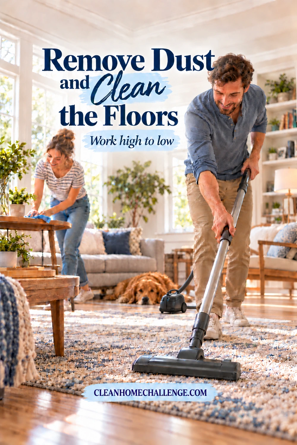 A man vacuums a patterned living-room rug while a woman wipes a nearby table; the canister rests behind his legs and a dog lies by the sofa.