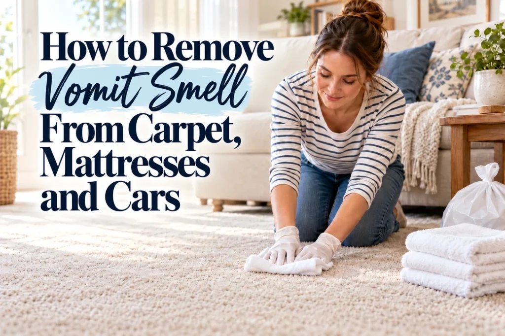 A woman wearing gloves gently blots a beige carpet with a white cloth beside spare towels and a waste bag.