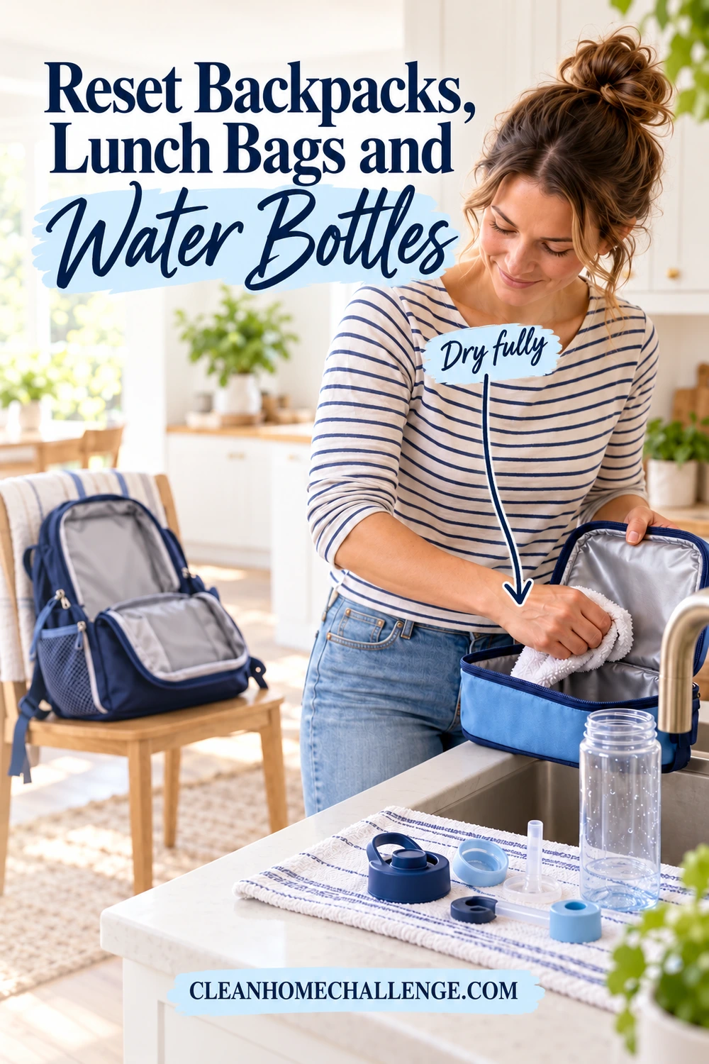 A woman wipes the inside of a blue lunch bag beside an open backpack and disassembled water bottle.