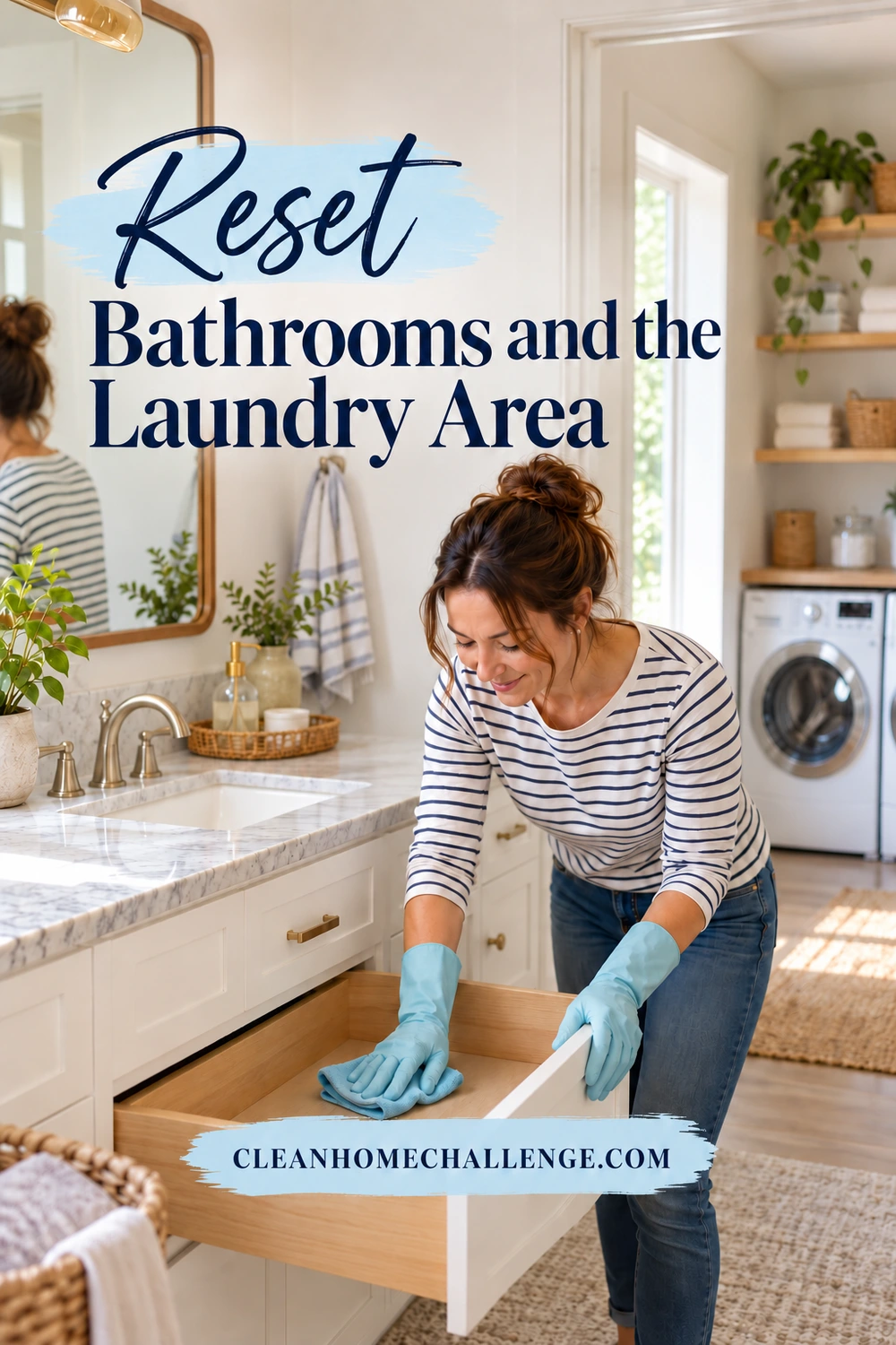 A woman wearing cleaning gloves wipes an open bathroom vanity drawer, with a washing machine visible in the laundry alcove behind her.