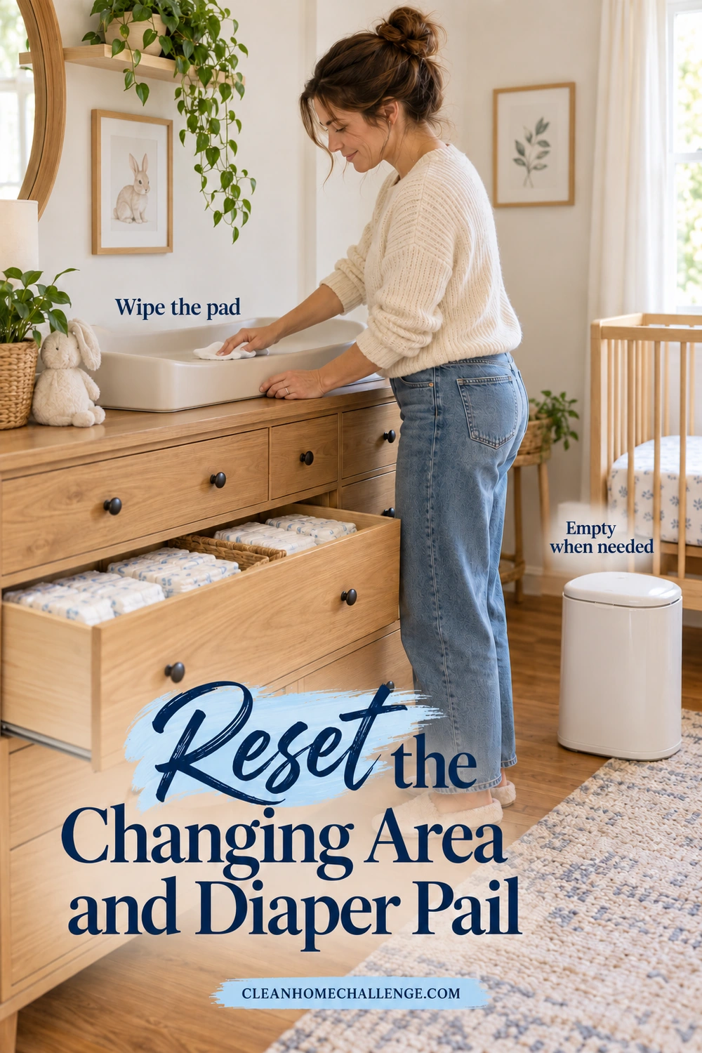 A parent wipes an empty changing pad beside a closed diaper pail.