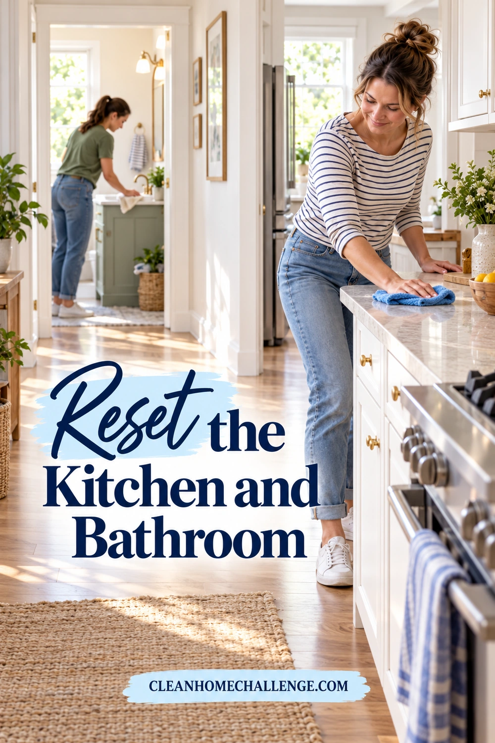 One adult wipes a kitchen counter with a blue cloth while another wipes a bathroom sink through an open doorway.