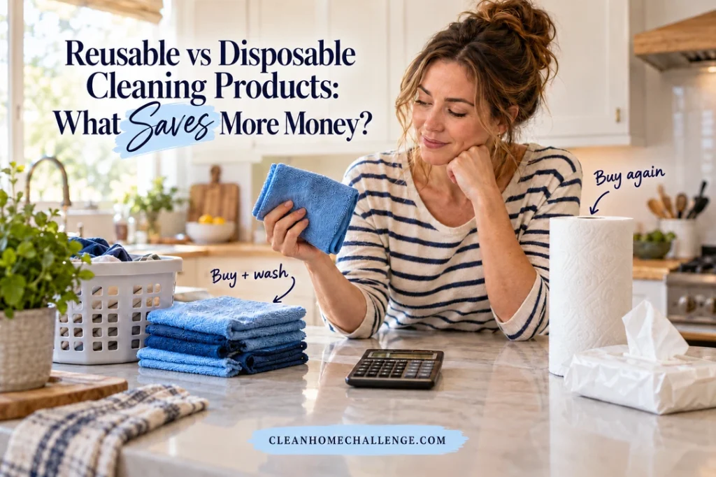 A woman holds a blue cloth at a kitchen counter beside folded cloths, a calculator, paper towels, and wipes. The title asks Reusable vs Disposable Cleaning Products: What Saves More Money?