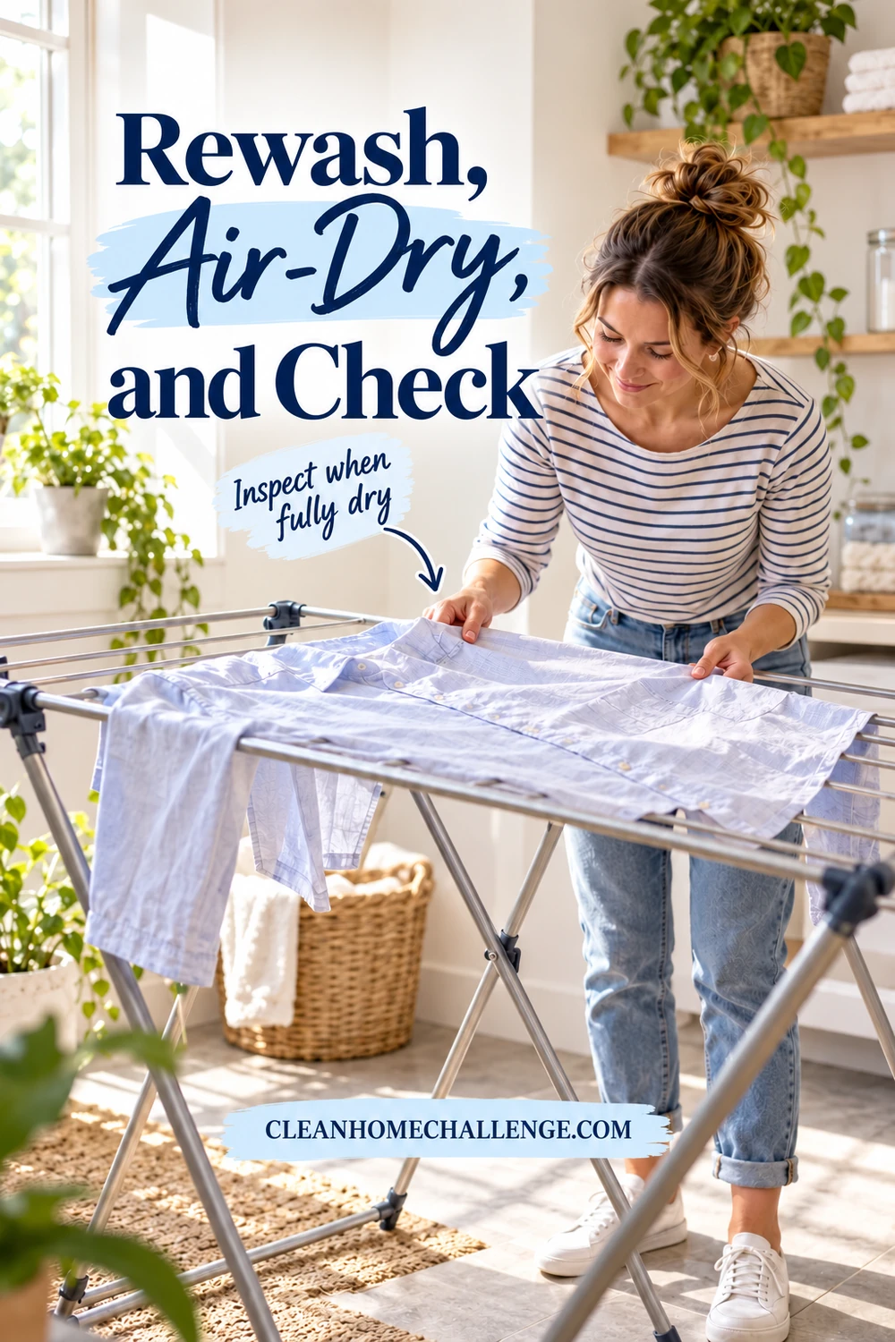 A woman checks a light blue button-down shirt spread across a freestanding drying rack beside a sunny laundry-room window.
