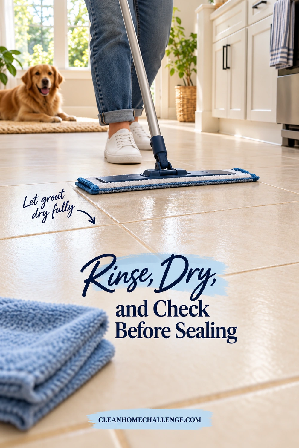 A person in white shoes guides a flat microfiber mop over cream kitchen tiles, with folded blue cloths in the foreground.