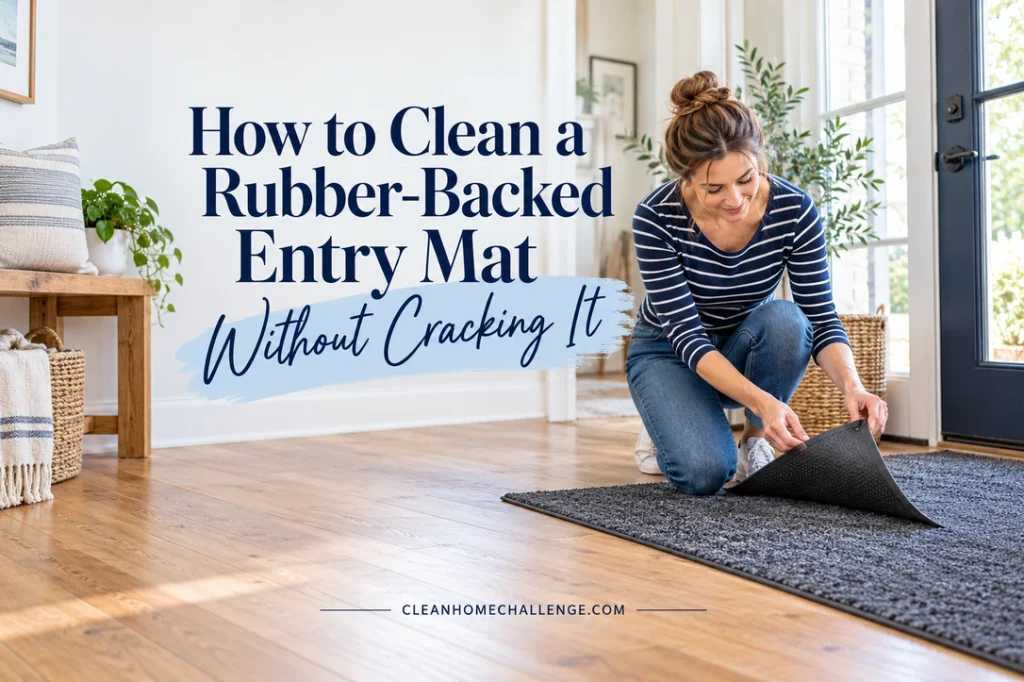 Woman kneeling in a bright entryway and gently inspecting a charcoal mat's black rubber backing.
