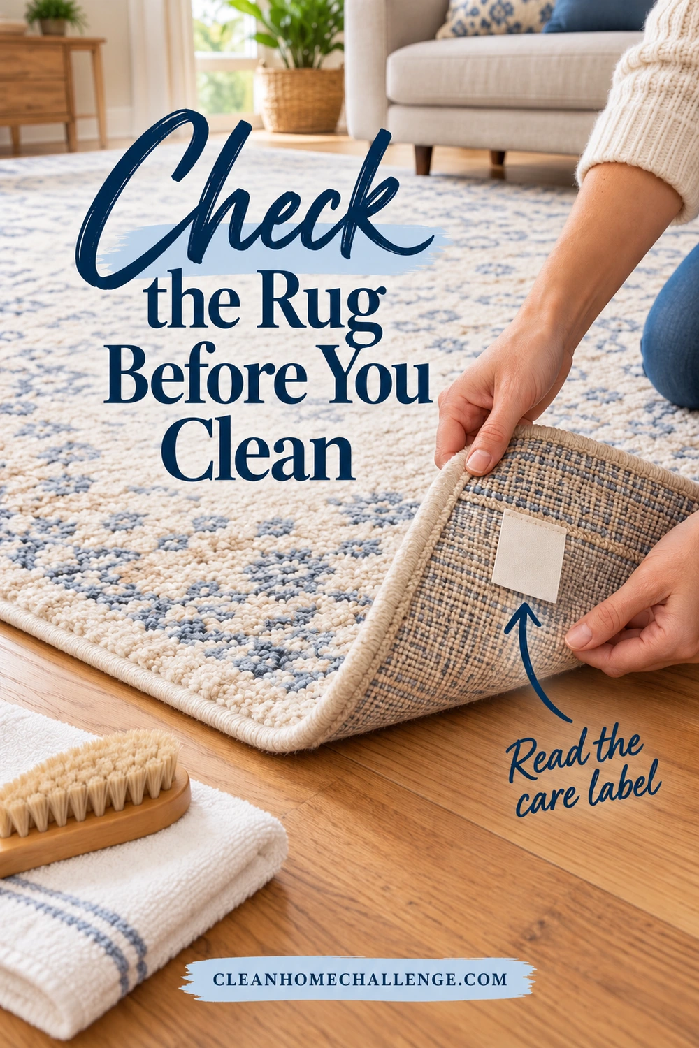 Hands lift a cream-and-blue rug corner to show its woven backing and plain fabric tag. A curved arrow points to the tag below the heading Check the Rug Before You Clean.