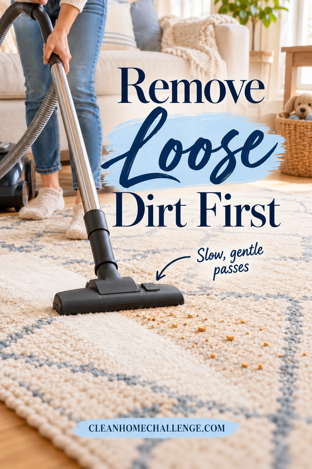 A person uses a flat vacuum head on a cream patterned rug with crumbs ahead of the nozzle. The heading reads Remove Loose Dirt First, with an arrow to the vacuum head.