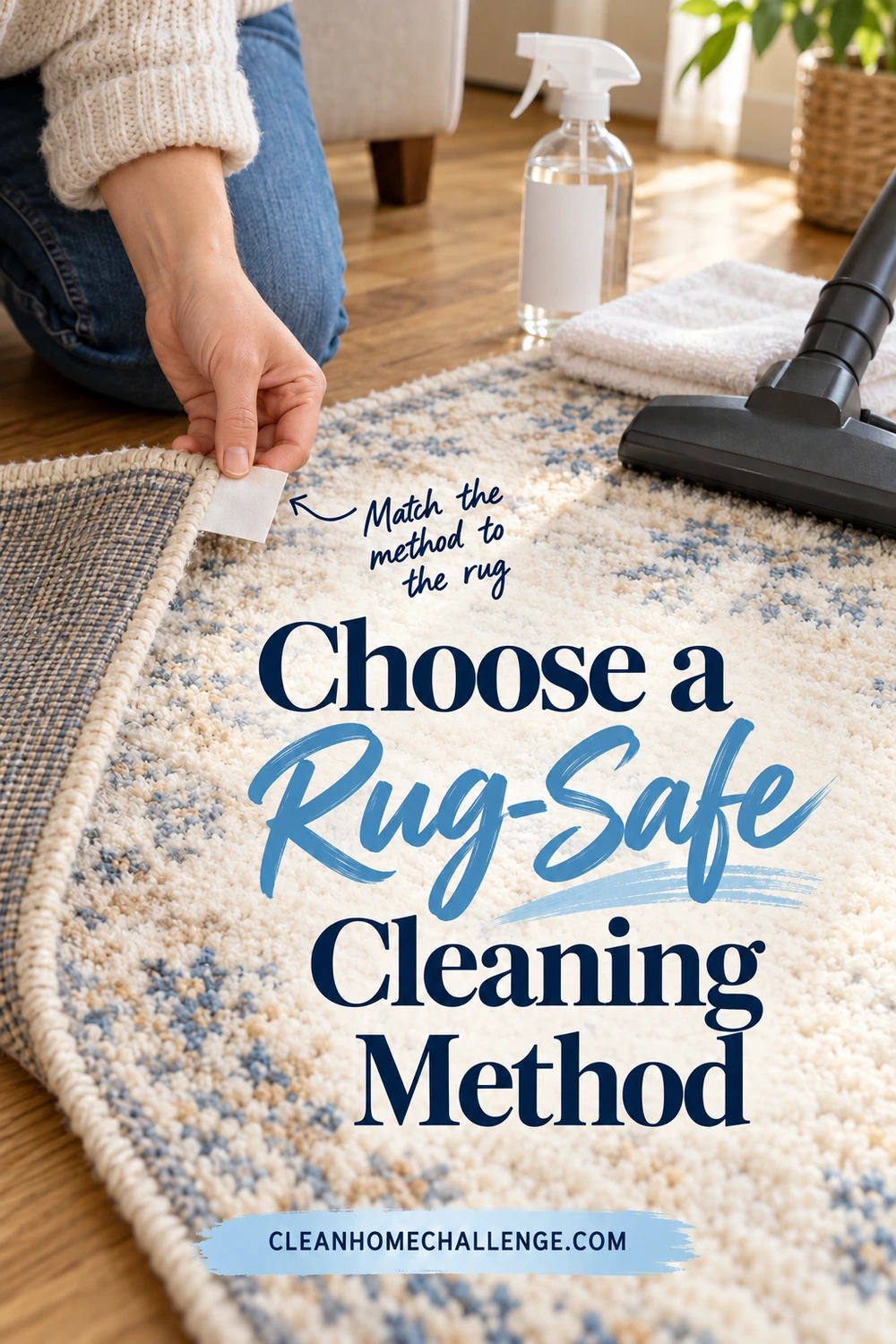 An adult holds a rug care tag beside a white towel, plain spray bottle, and vacuum attachment. Navy serif and blue brush script read Choose a Rug-Safe Cleaning Method.