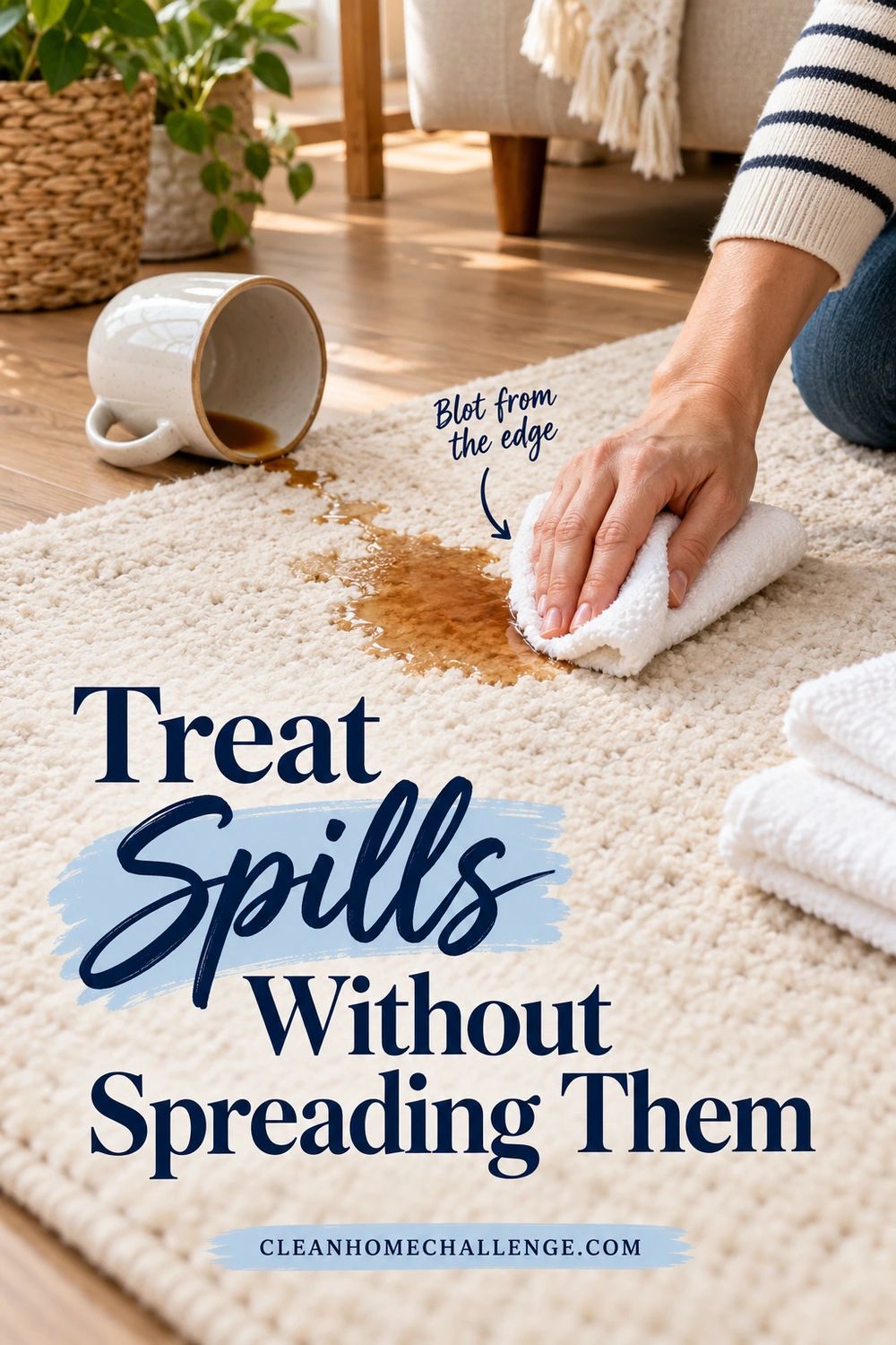 A striped-sleeve hand presses a folded white cloth onto the outside edge of a tea spill on a cream rug. An arrow marks the blotting edge above Treat Spills Without Spreading Them.