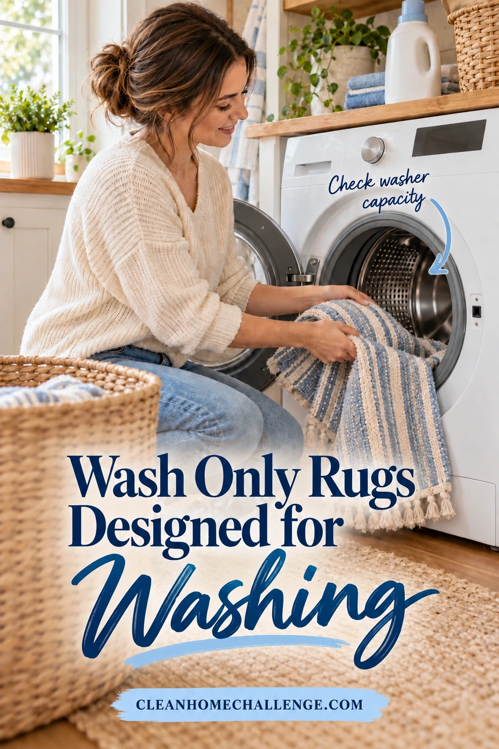 A woman places a small blue-striped cotton rug loosely into a front-loading washer with visible drum space. The heading reads Wash Only Rugs Designed for Washing.