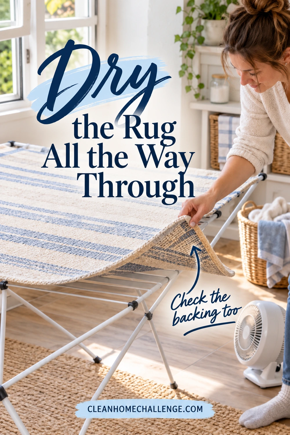 A woman lifts the corner of a striped rug supported across a drying rack, revealing the underside. A fan sits on the dry floor below the heading Dry the Rug All the Way Through.