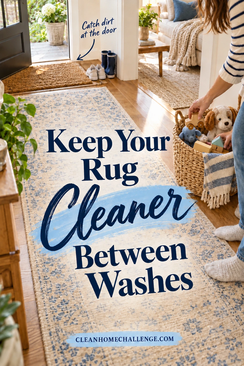 An adult puts toys into a woven basket beside a blue-and-cream runner. Shoes and a coir mat sit by the door, and the heading reads Keep Your Rug Cleaner Between Washes.