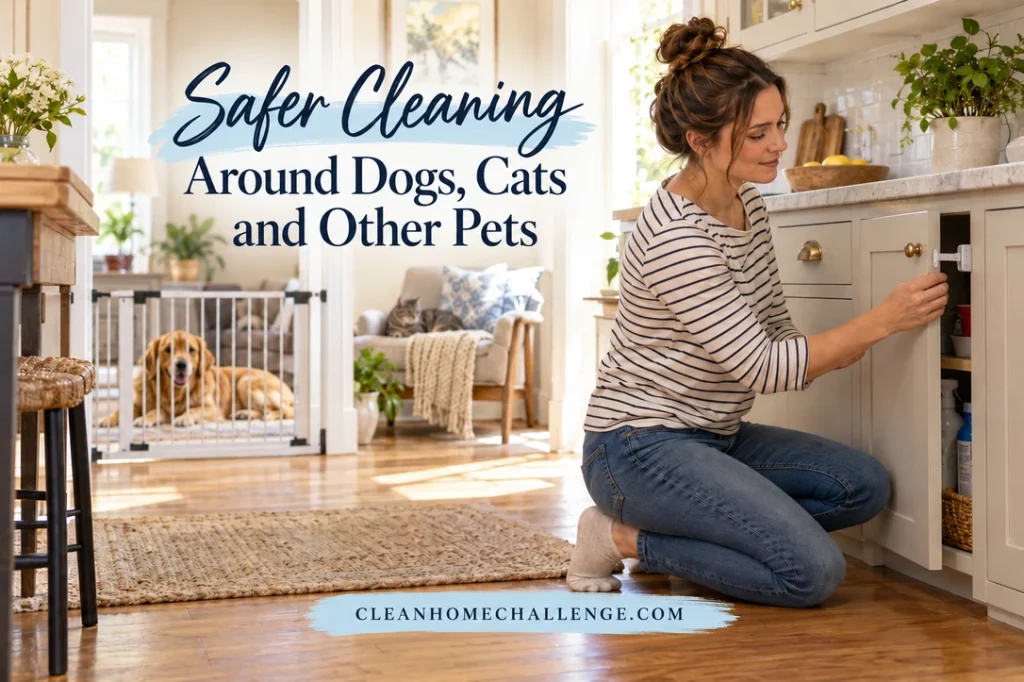 Woman closing a kitchen cabinet with a safety latch while a dog rests behind a doorway gate and a cat lies on an armchair.