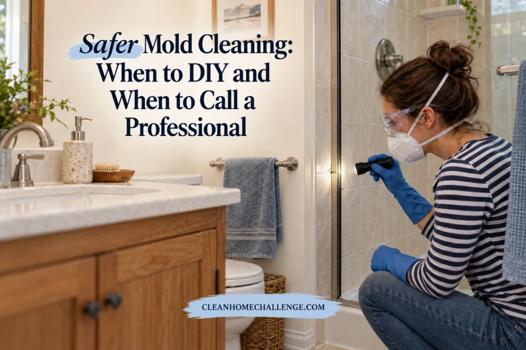 A woman wearing a head-strap respirator, clear closed goggles, long gloves and a striped long-sleeve top examines a small shower-edge spot with a flashlight beside a bathroom vanity.