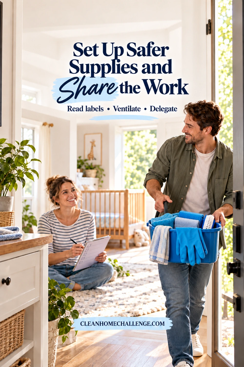 A man carries a blue caddy filled with folded cloths, gloves, and a cleaning brush while a seated woman holds a checklist in a bright family home.