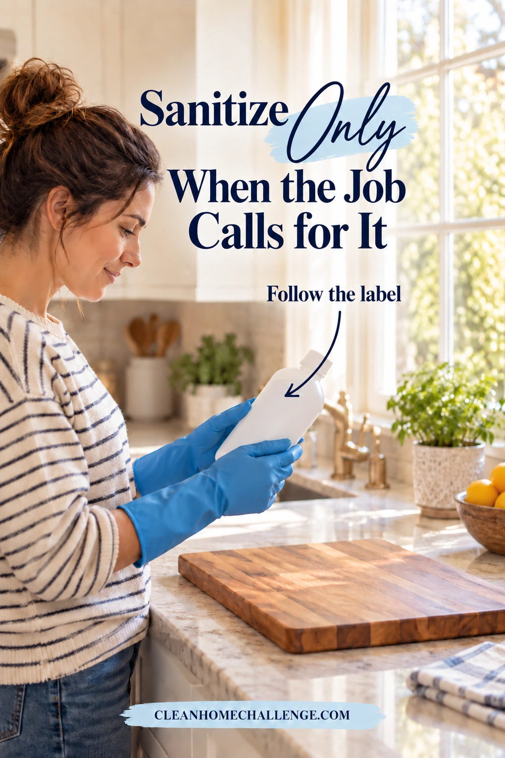 A woman in blue gloves examines a bottle beside a clean wooden board, with an arrow and a Follow the label callout.