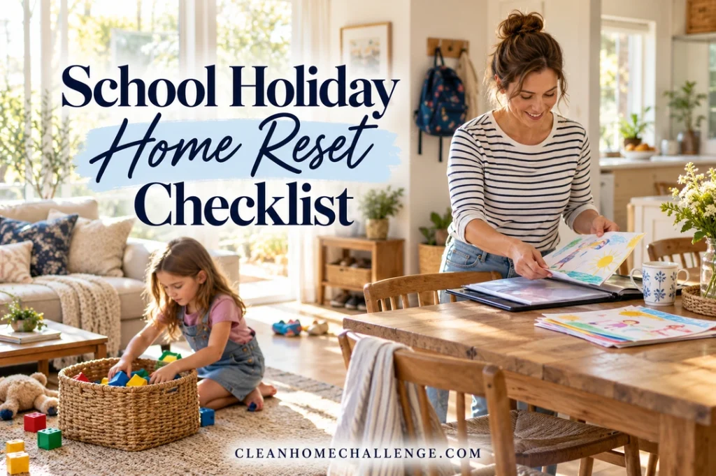 A woman selects a child's drawing for an art portfolio while a girl puts large blocks into a low basket in a family living and dining room.
