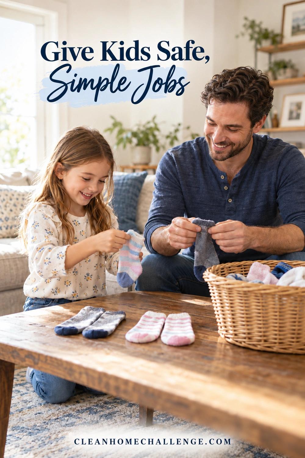 A man and girl match clean socks at a low coffee table, beside two matched pairs and a wicker laundry basket.