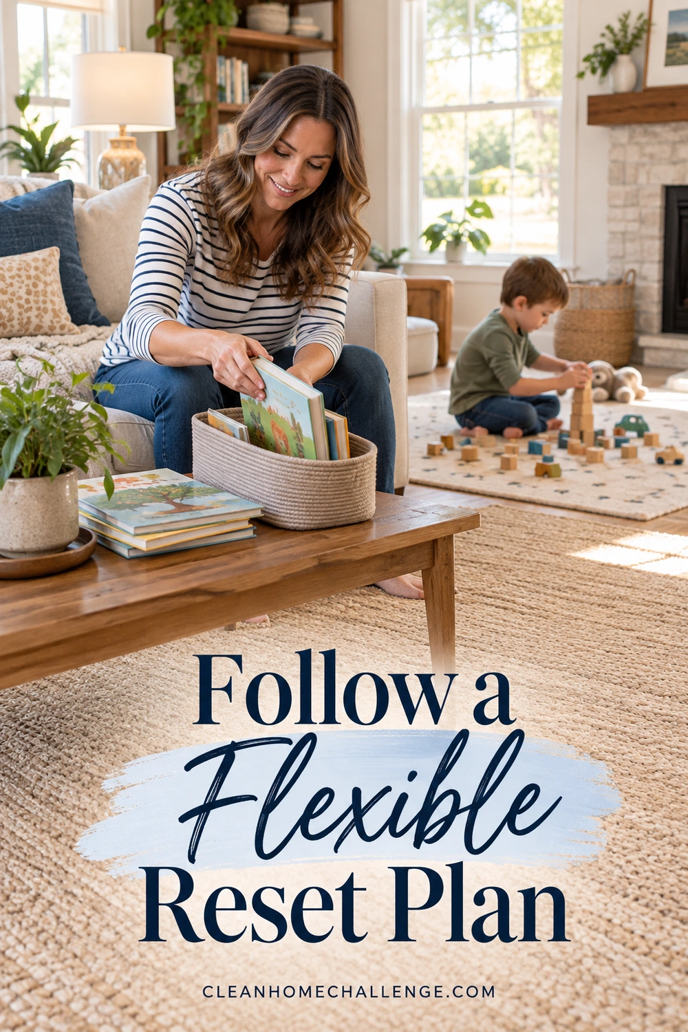 A seated woman gathers picture books into a small basket on a coffee table while a boy plays with wooden blocks on a separate rug behind her.