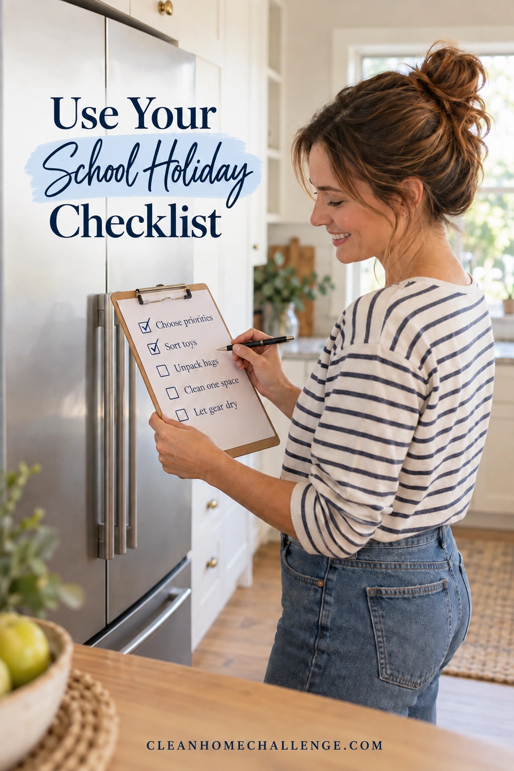 A woman holds a clipboard beside a refrigerator with five reset tasks, the first two checked, and a pen above the list.