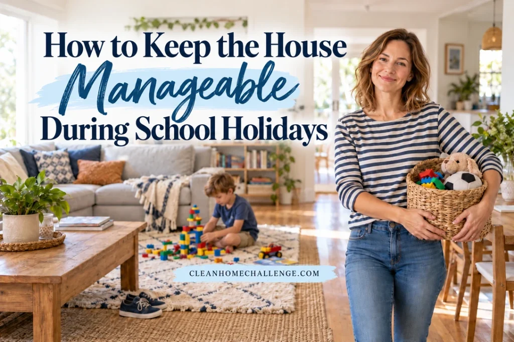 A woman holds a toy basket beside a child playing with blocks on a living-room rug beneath the school-holiday home routine title.