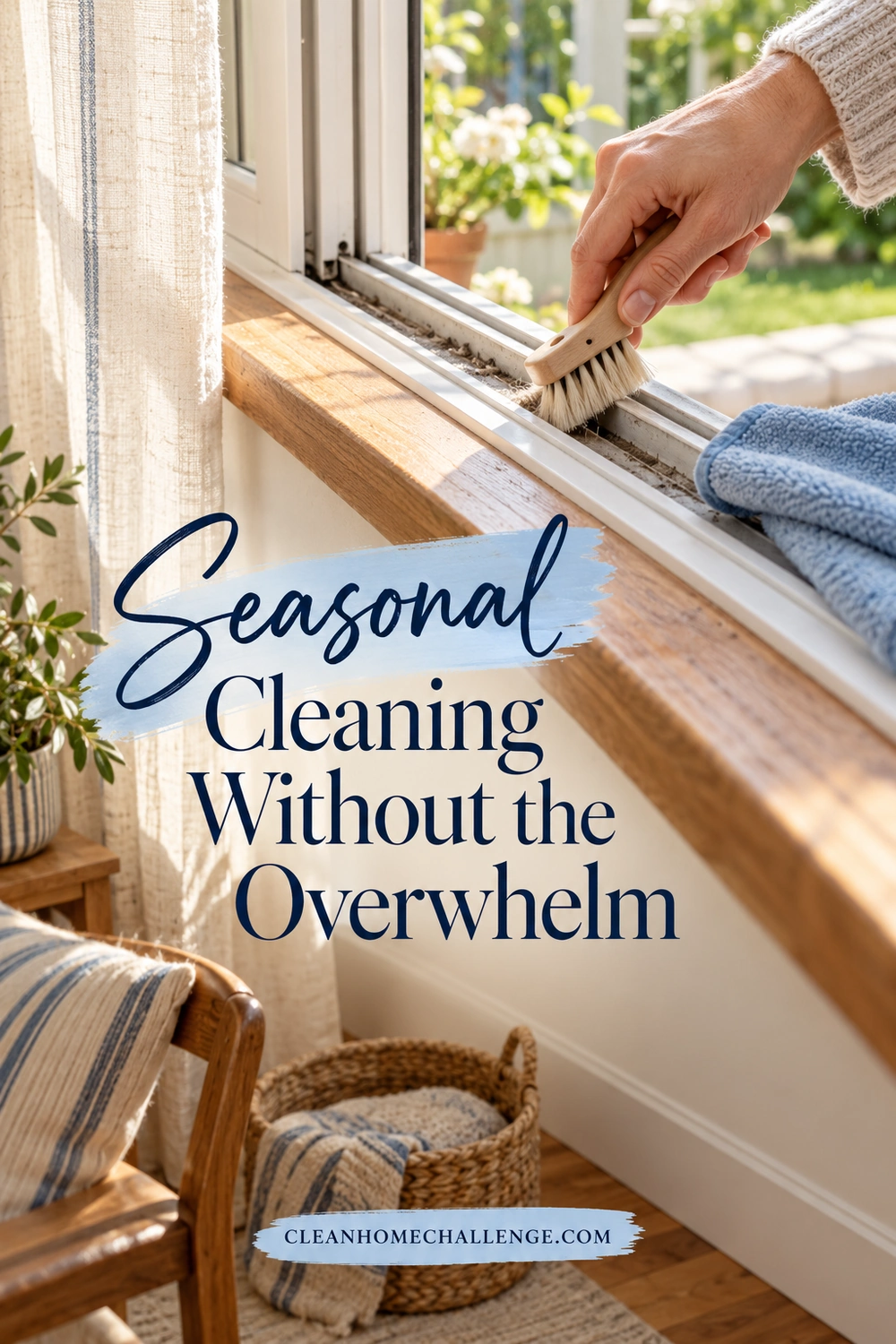 Person cleaning a reachable open window track with a small brush in daylight.