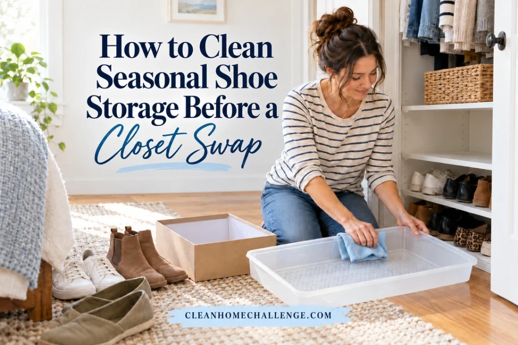 A woman wipes an empty plastic shoe tray beside an open closet and shoes waiting on a rug.