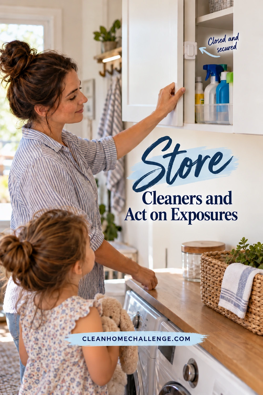 Woman closing an upper cleaning-supply cabinet with a safety latch while a child holding a stuffed toy watches below.