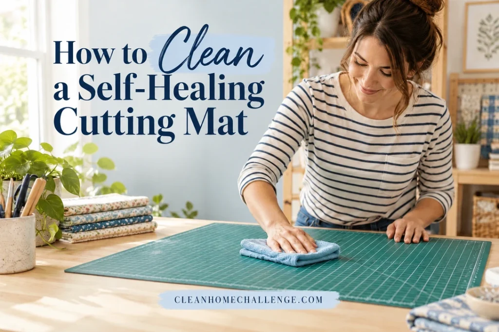Woman in striped shirt wipes a fully supported green cutting mat with a soft blue cloth.