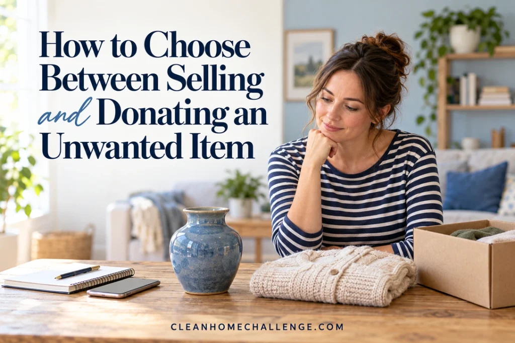Woman considering a blue vase and folded sweater beside a donation carton.