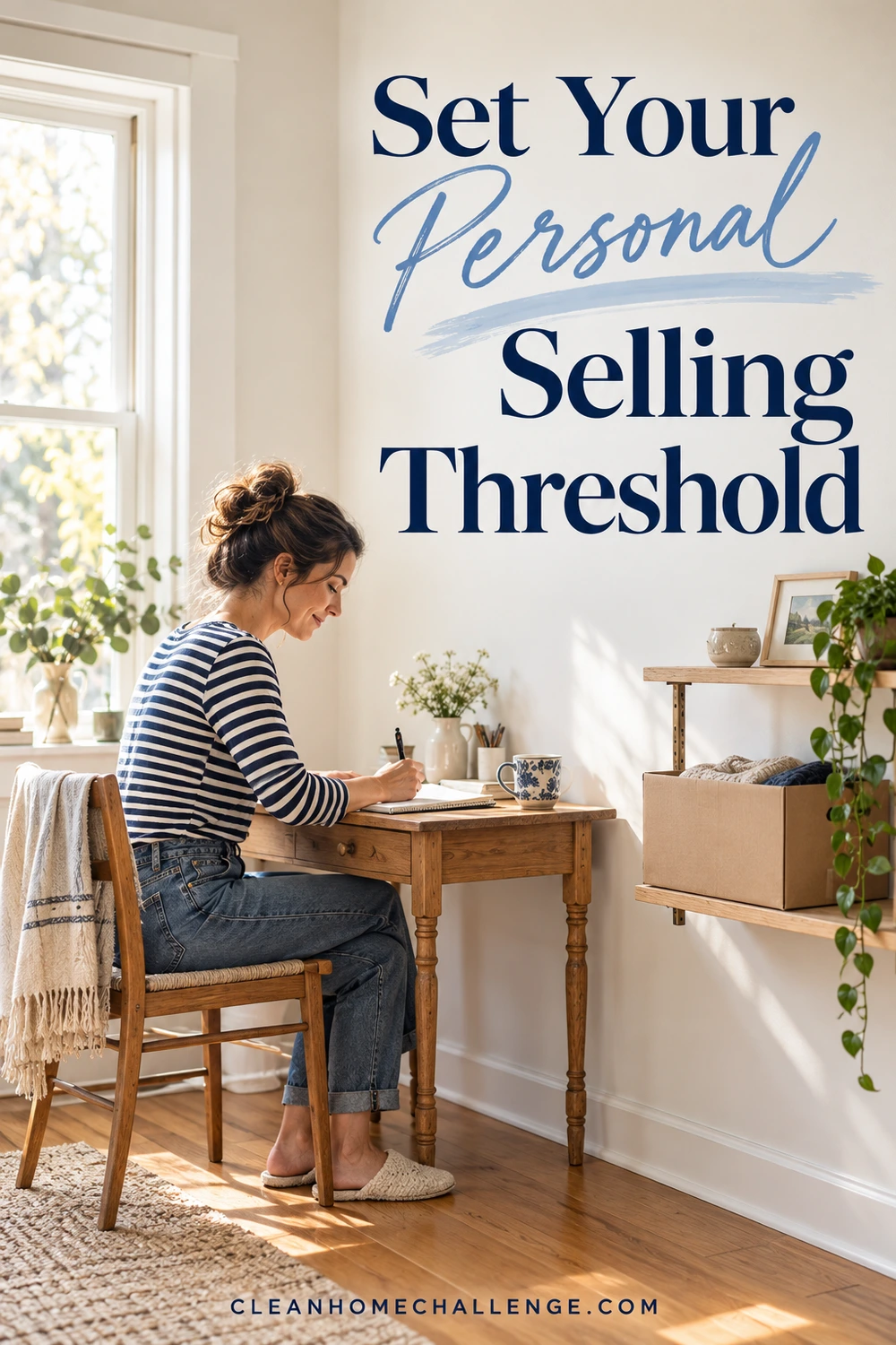 Woman writing at a small desk beside a shelf holding one outgoing carton.