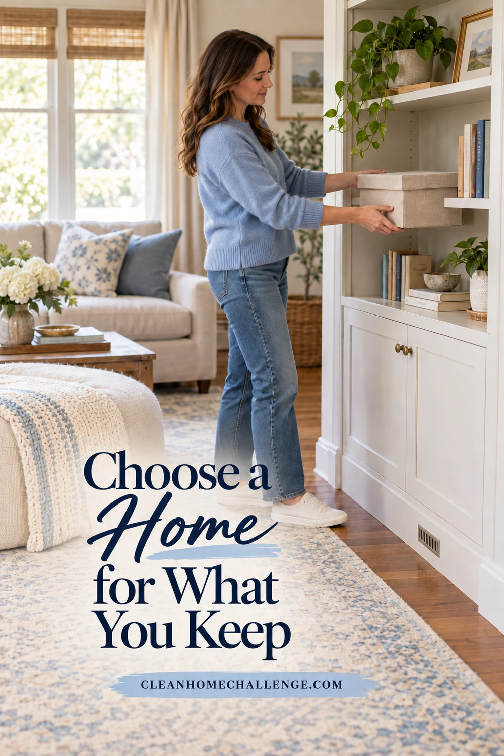 A woman in a pale-blue sweater places a beige lidded box on a living-room shelf among books, plants, and a framed picture.