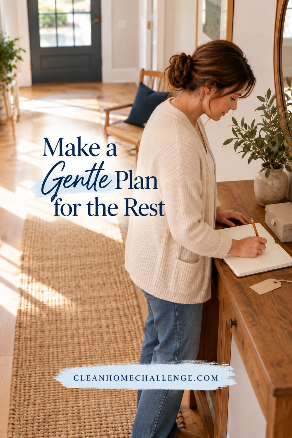 A woman in a cream cardigan writes with a pencil in an open notebook at a wooden console beside a small lidded box.