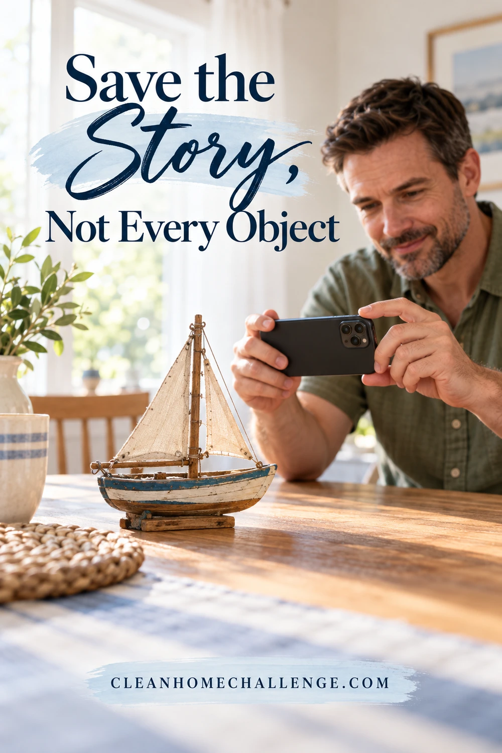 A man in an olive shirt uses his phone to photograph a small model sailboat on a wooden table.