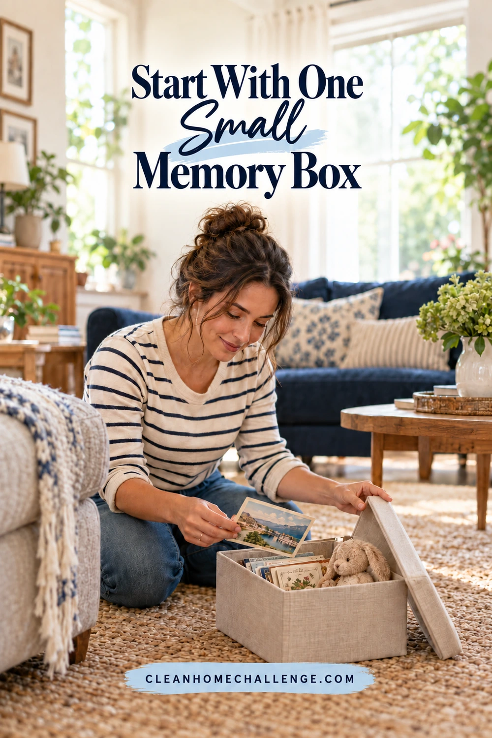 A woman in a striped shirt kneels on a rug, holding a postcard above a linen keepsake box with other cards and a plush rabbit.