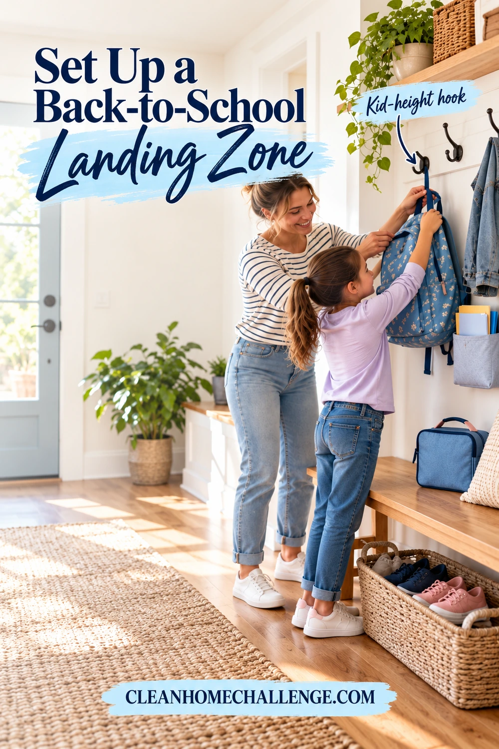 A mother and daughter hang a backpack on a child-height hook above an entryway bench and shoe basket.