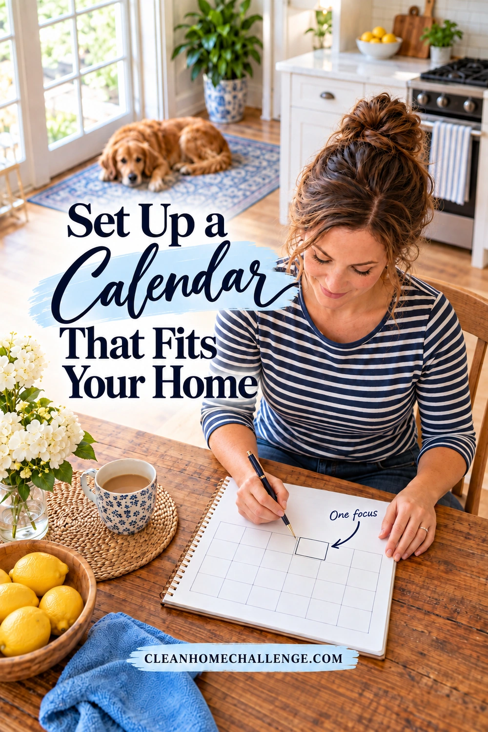 A woman outlines one project box in a calendar at a family kitchen table.