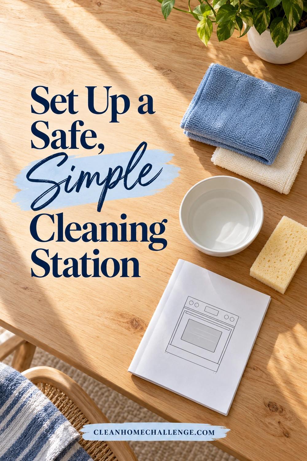 Folded blue and cream cloths, a bowl of water, a soft sponge, and an oven care booklet are arranged on a wooden table.