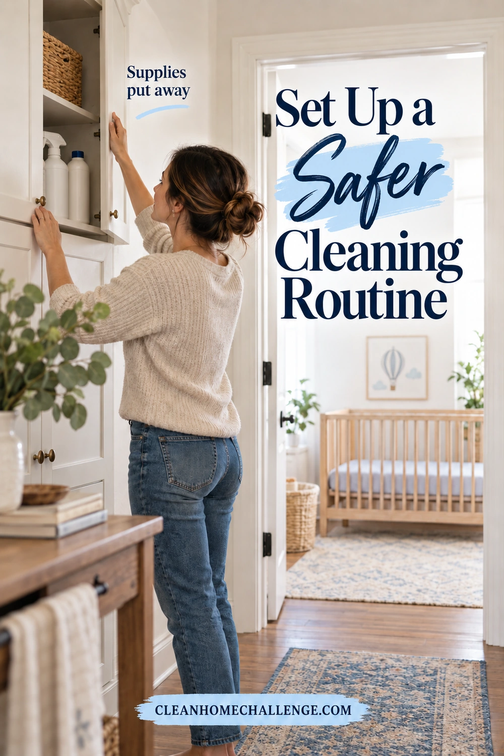 A parent closes an upper cabinet holding cleaning supplies outside a nursery.