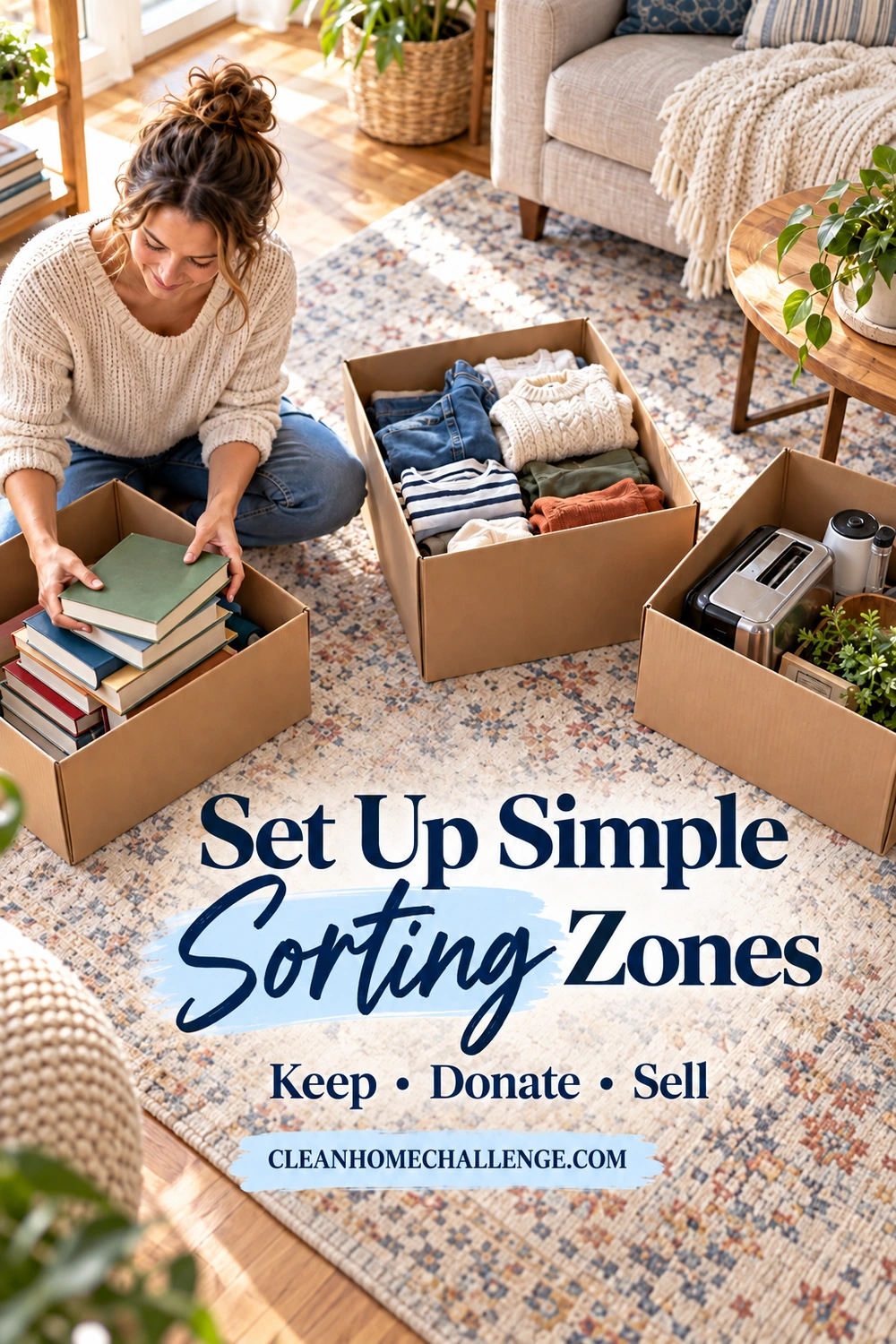 Woman sorting books into an open carton beside separate boxes of folded clothes and small kitchen appliances on a living-room rug.