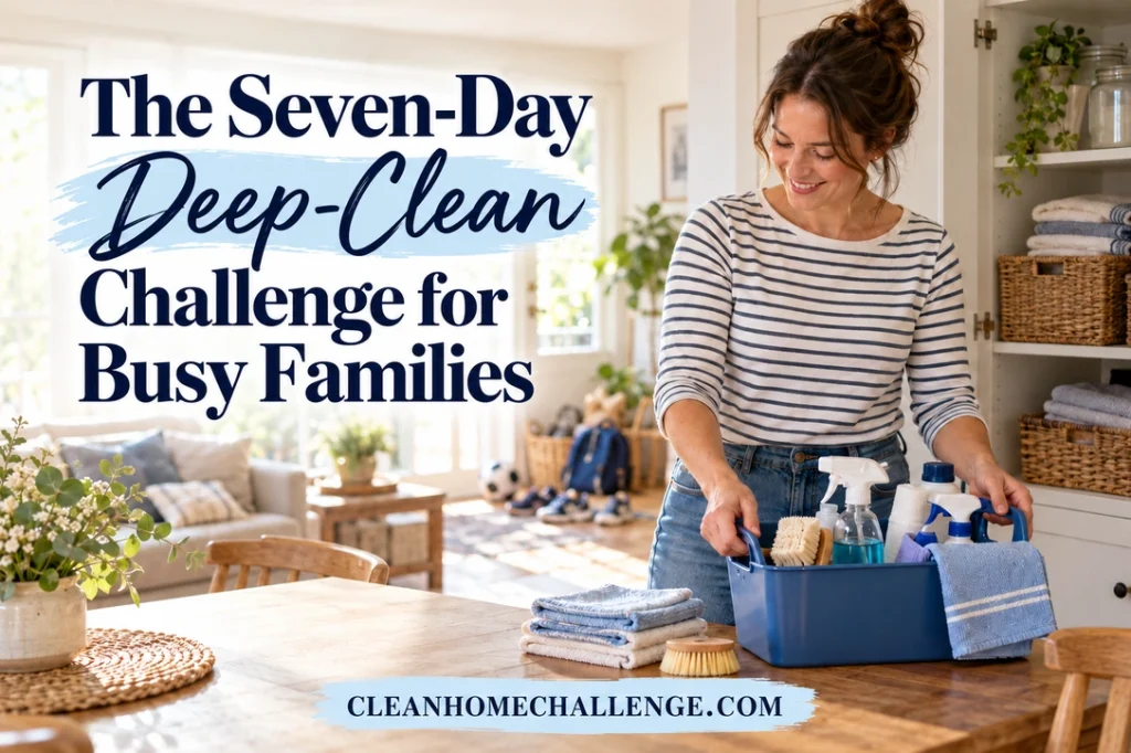 A woman arranging a blue cleaning caddy and folded cloths on a wooden table, with the title “The Seven-Day Deep-Clean Challenge for Busy Families.”