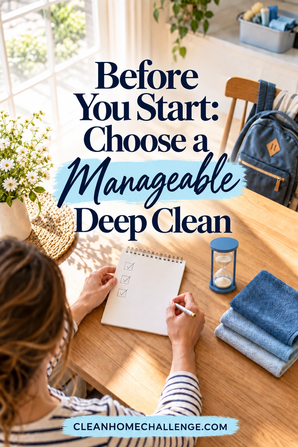 Overhead view of a woman marking checkboxes on a notepad beside a blue sand hourglass and folded cloths, with “Before You Start: Choose a Manageable Deep Clean.”